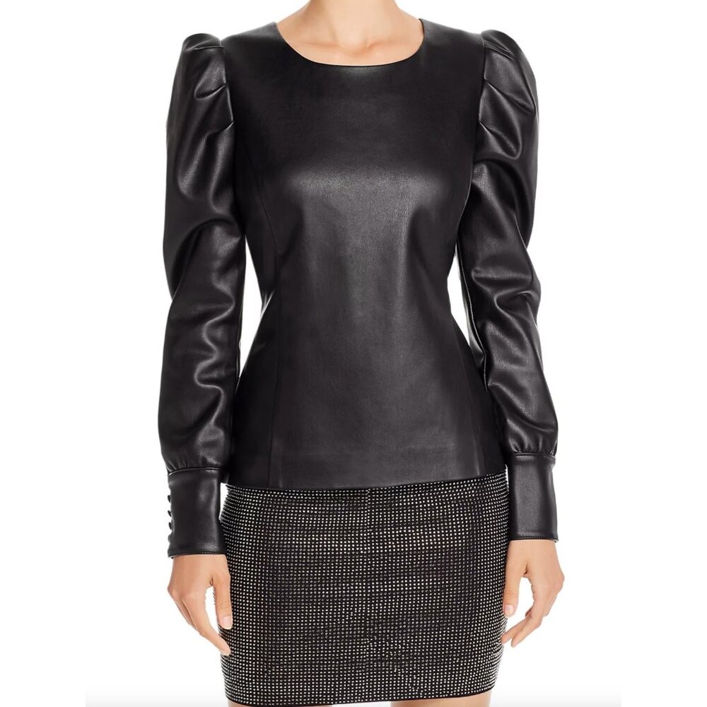 Acua Capsule Puff-Sleeve Faux Leather Top